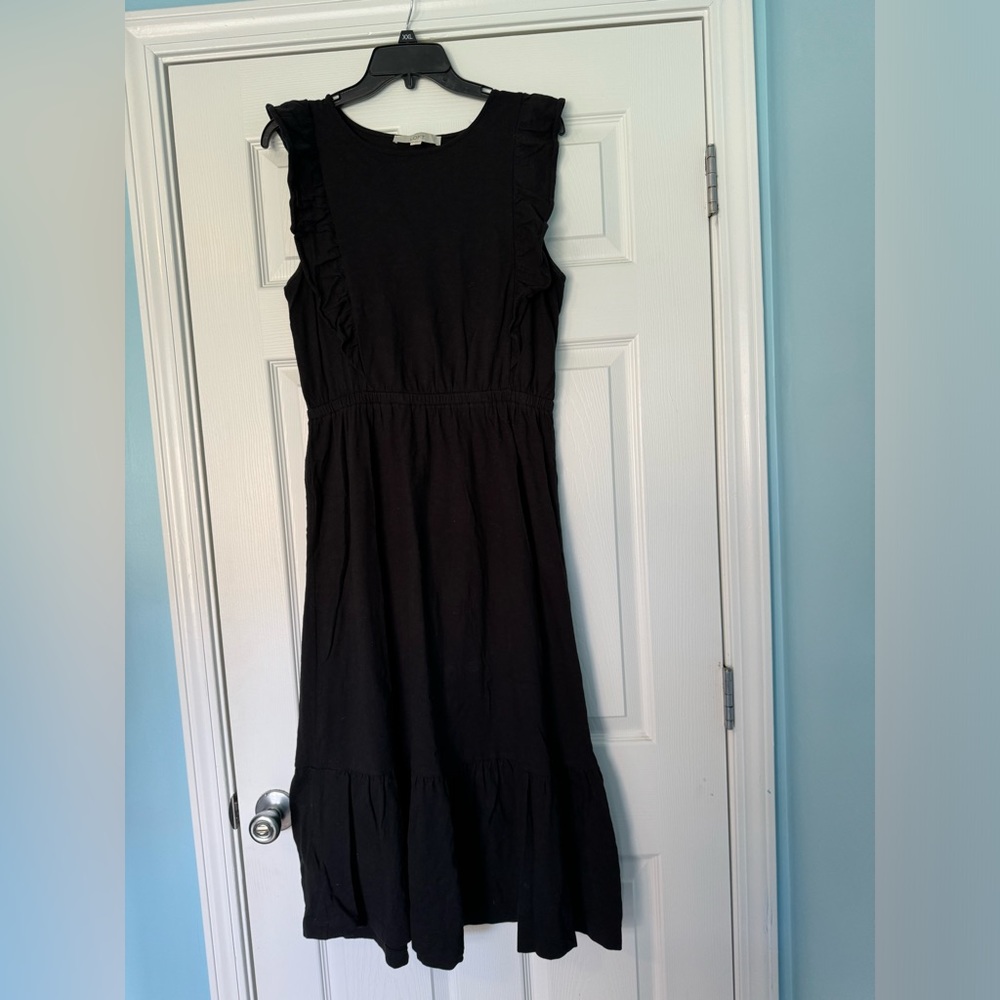 LOFT Long Black Midi Knit Ruffled Bohemian Dress Size Medium